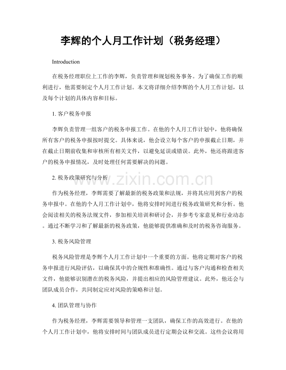 李辉的个人月工作计划（税务经理）.docx_第1页