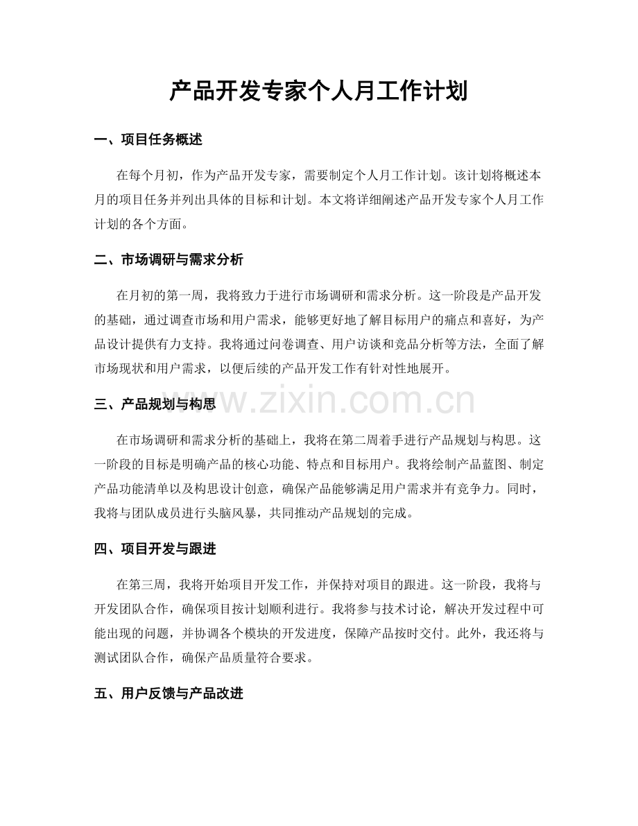 产品开发专家个人月工作计划.docx_第1页