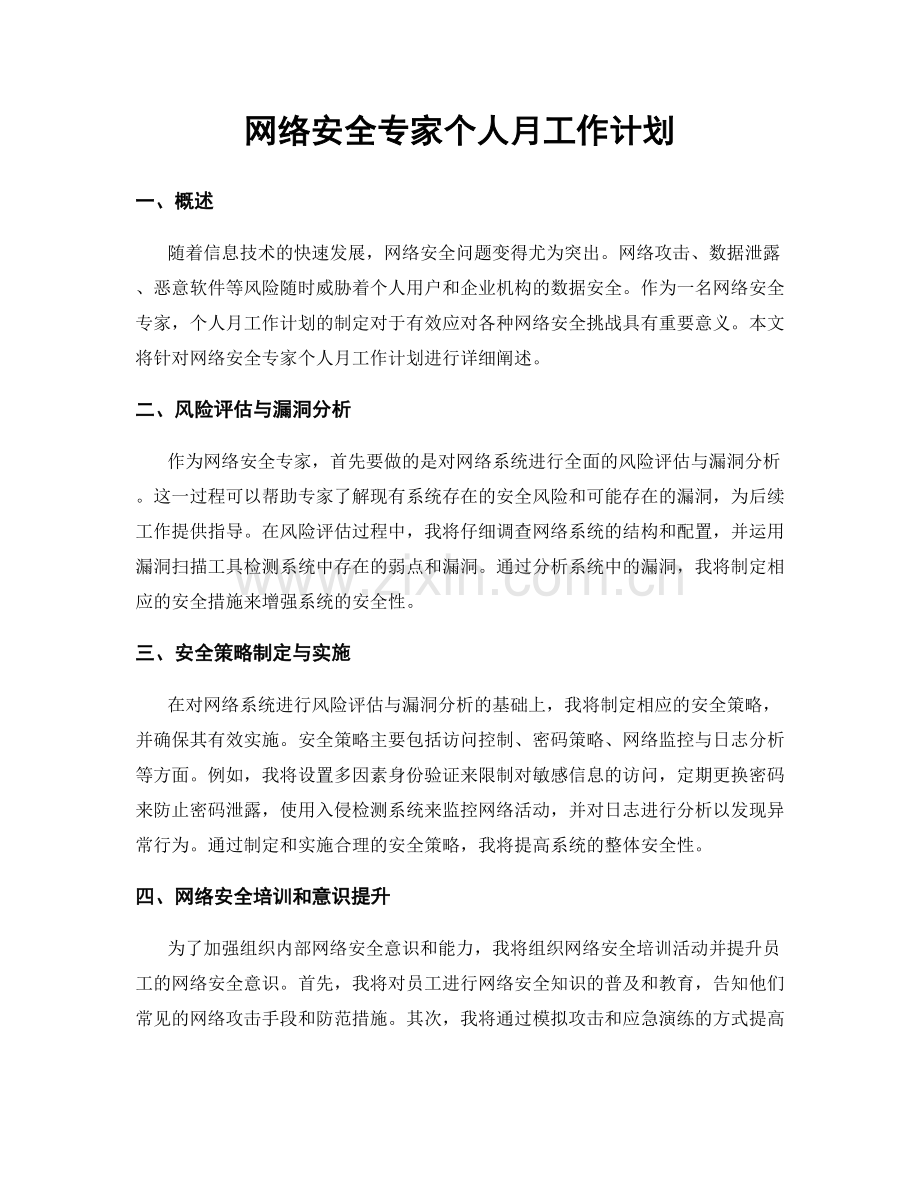 网络安全专家个人月工作计划.docx_第1页