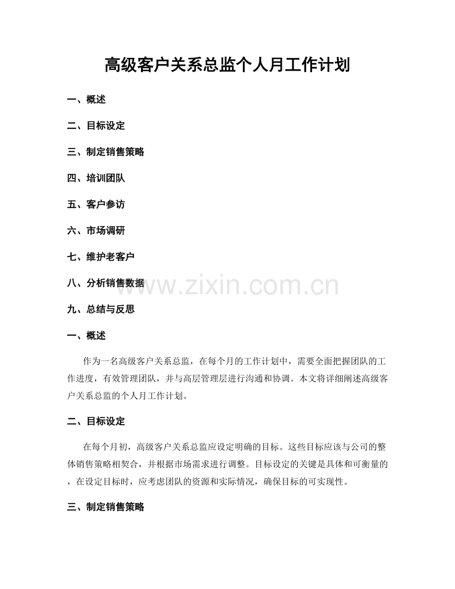 高级客户关系总监个人月工作计划.docx_第1页