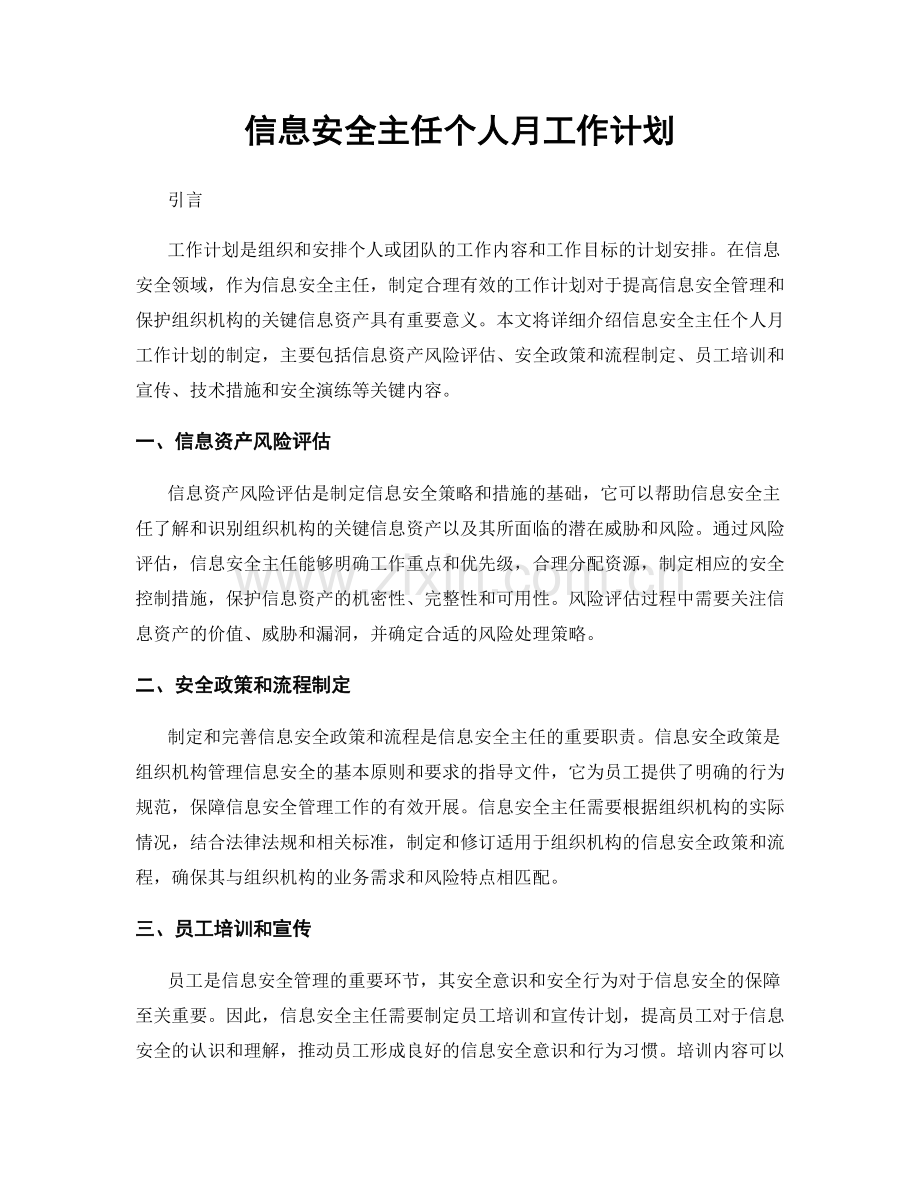 信息安全主任个人月工作计划.docx_第1页