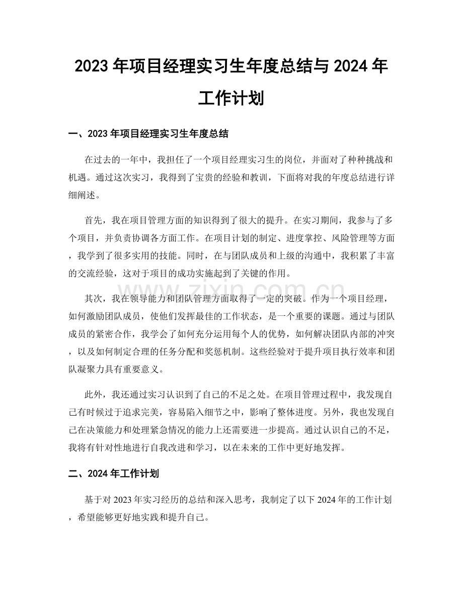 2023年项目经理实习生年度总结与2024年工作计划.docx_第1页