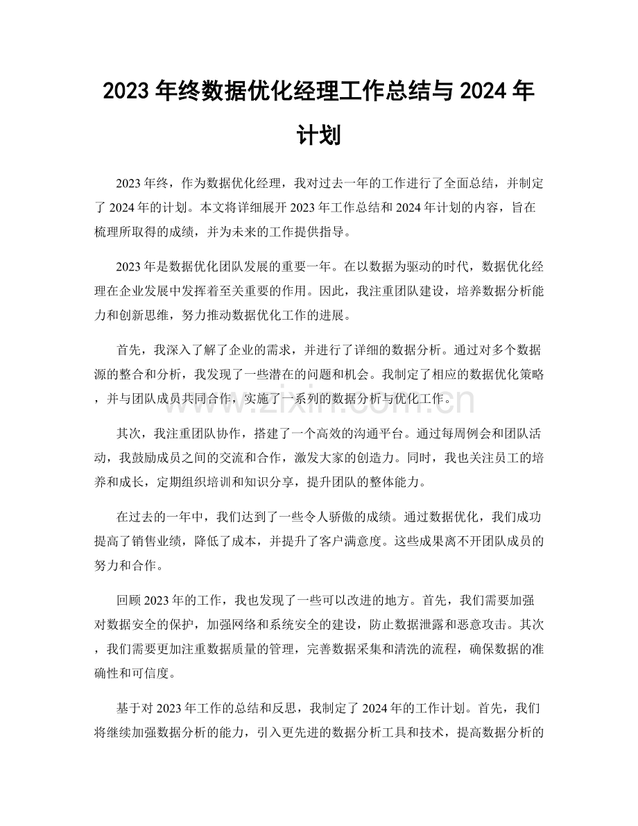 2023年终数据优化经理工作总结与2024年计划.docx_第1页