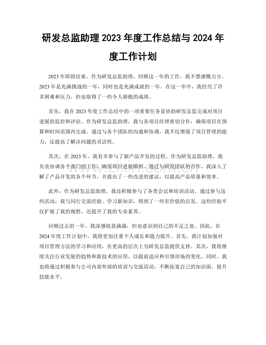 研发总监助理2023年度工作总结与2024年度工作计划.docx_第1页