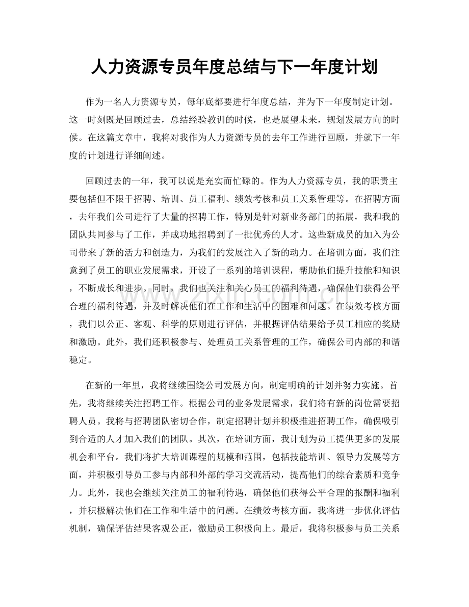 人力资源专员年度总结与下一年度计划.docx_第1页