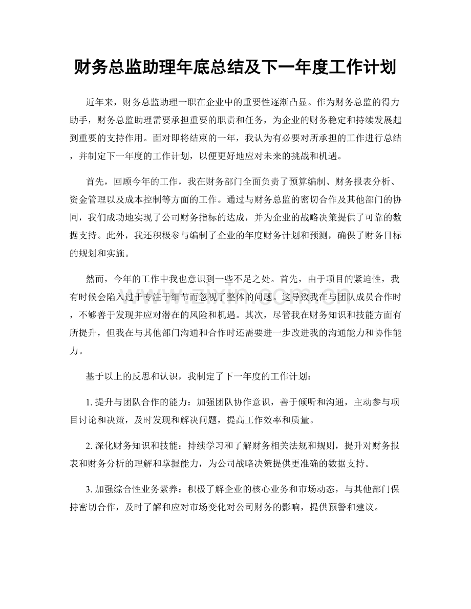 财务总监助理年底总结及下一年度工作计划.docx_第1页