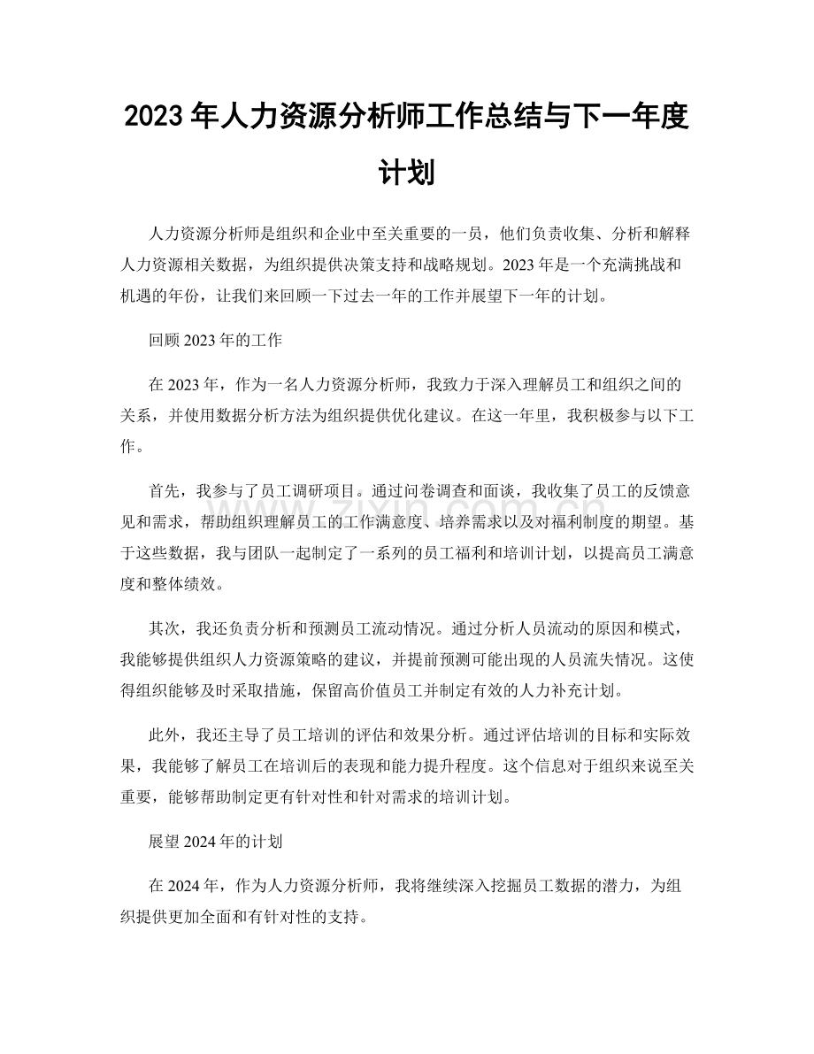 2023年人力资源分析师工作总结与下一年度计划.docx_第1页