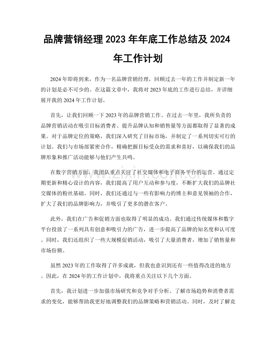 品牌营销经理2023年年底工作总结及2024年工作计划.docx_第1页