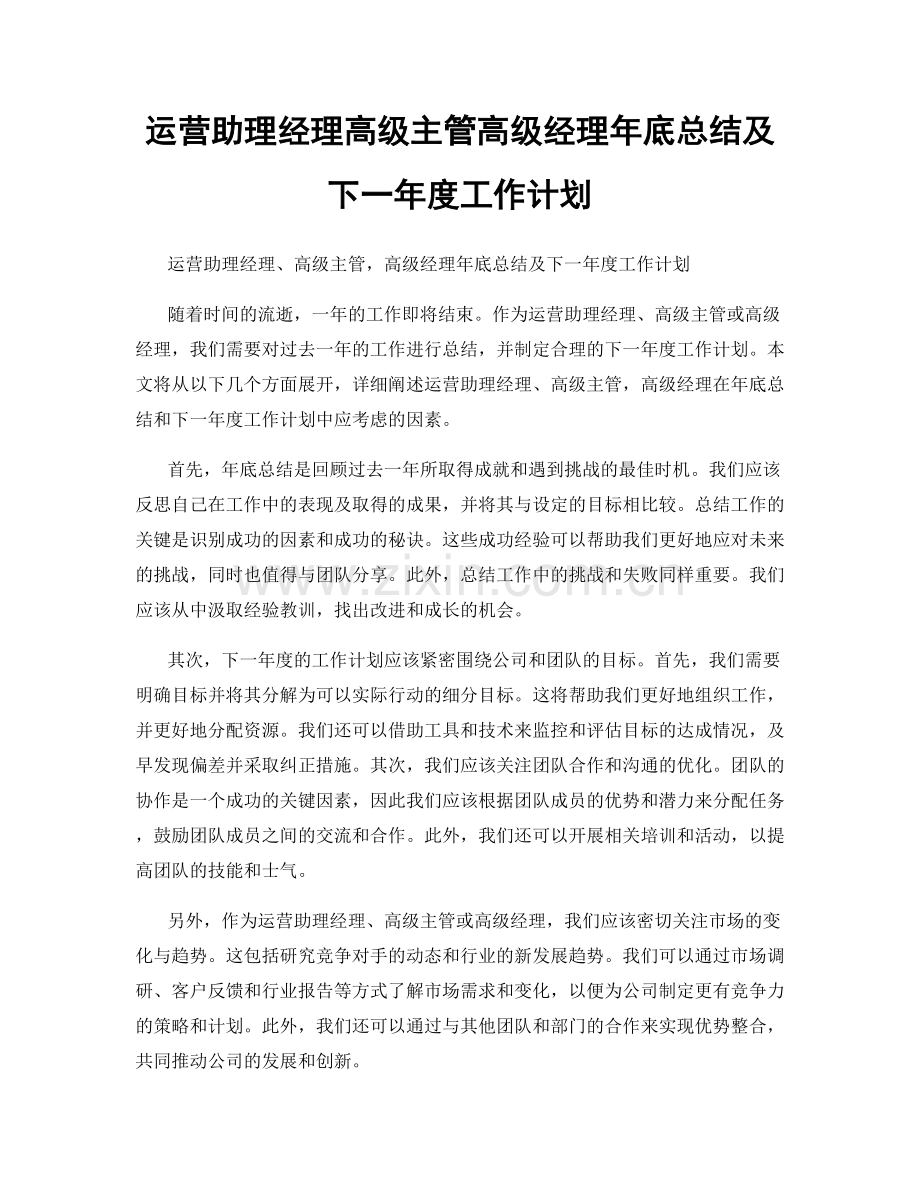 运营助理经理高级主管高级经理年底总结及下一年度工作计划.docx_第1页