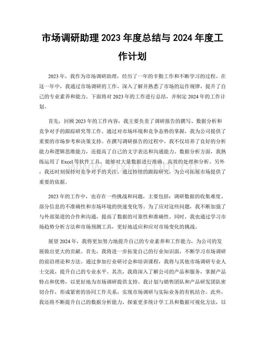 市场调研助理2023年度总结与2024年度工作计划.docx_第1页