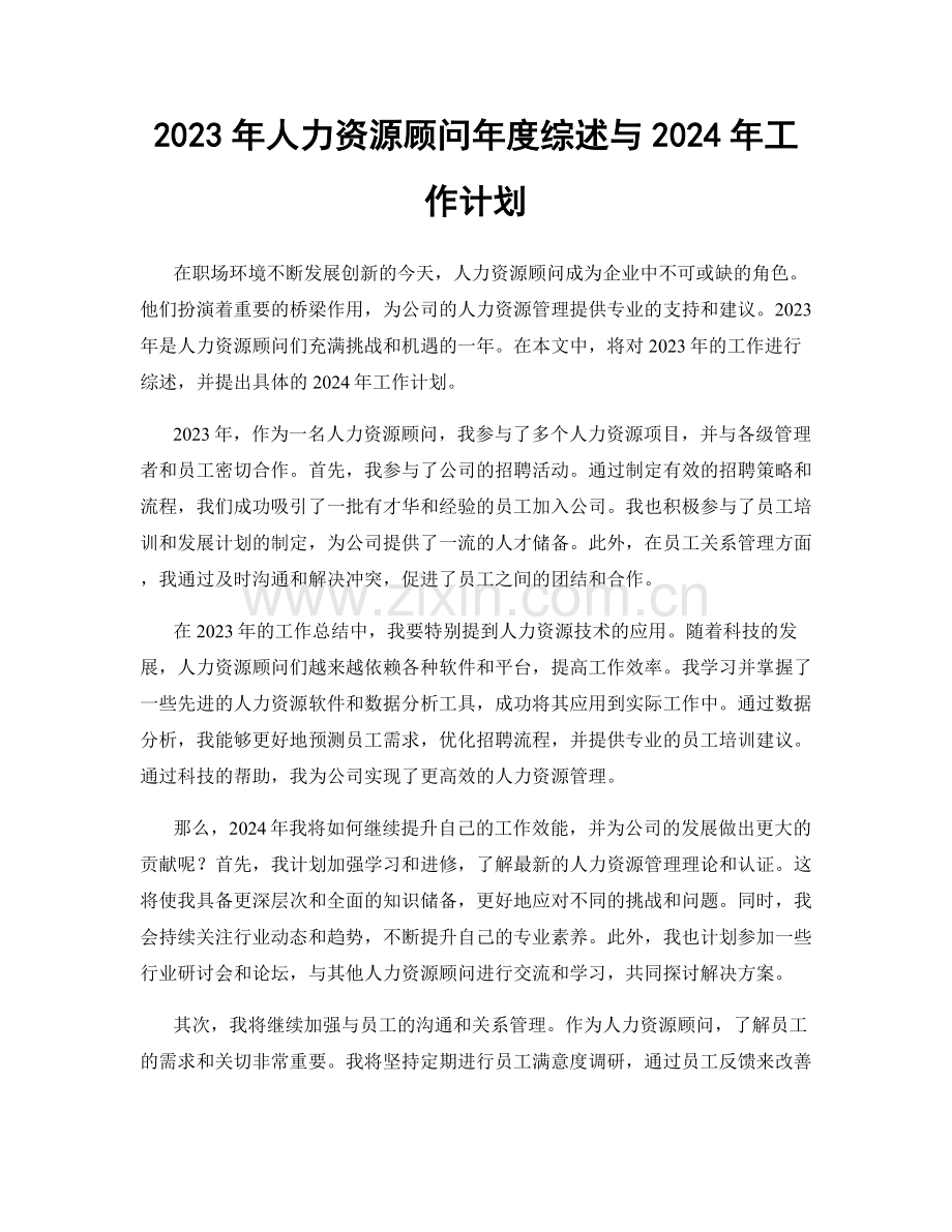 2023年人力资源顾问年度综述与2024年工作计划.docx_第1页