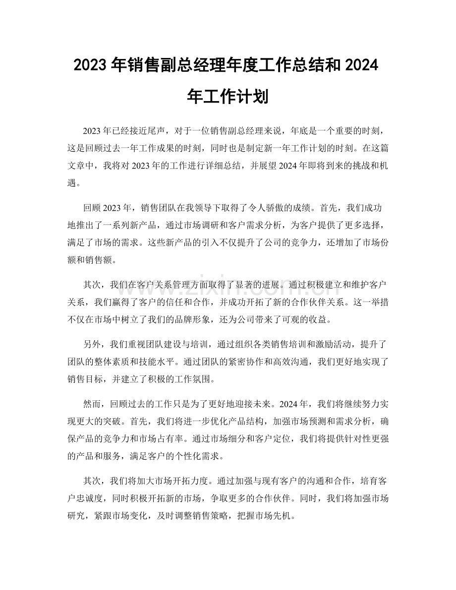 2023年销售副总经理年度工作总结和2024年工作计划.docx_第1页