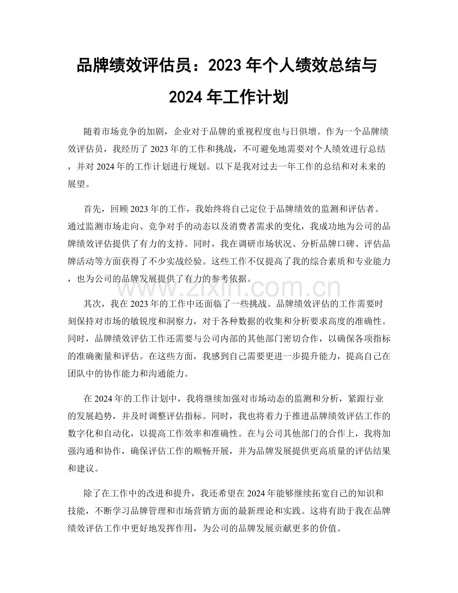 品牌绩效评估员：2023年个人绩效总结与2024年工作计划.docx_第1页