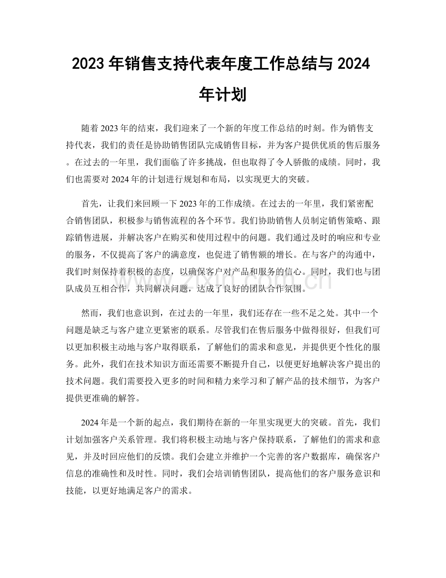 2023年销售支持代表年度工作总结与2024年计划.docx_第1页