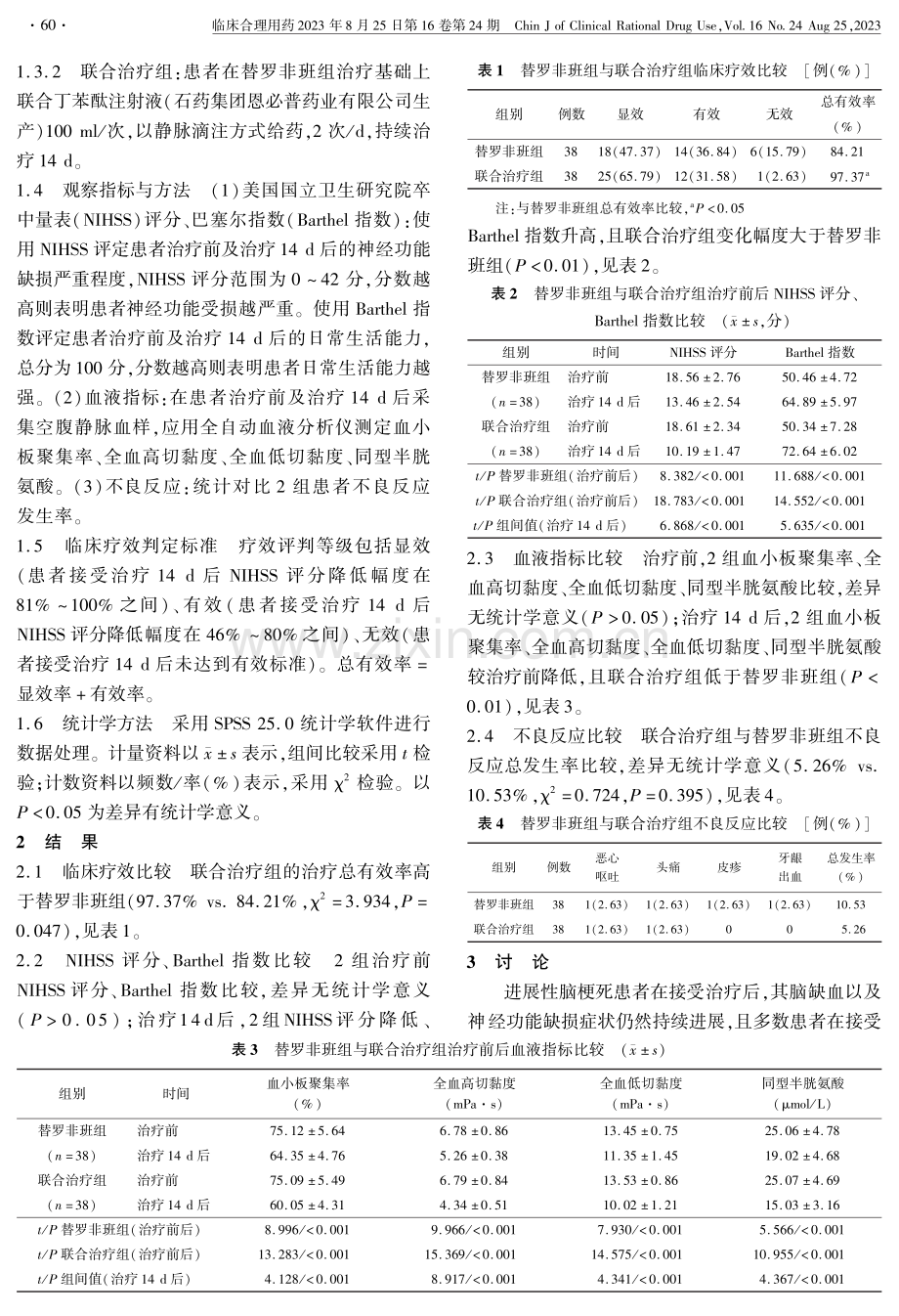 丁苯酞联合替罗非班治疗进展性脑梗死的临床疗效.pdf_第2页