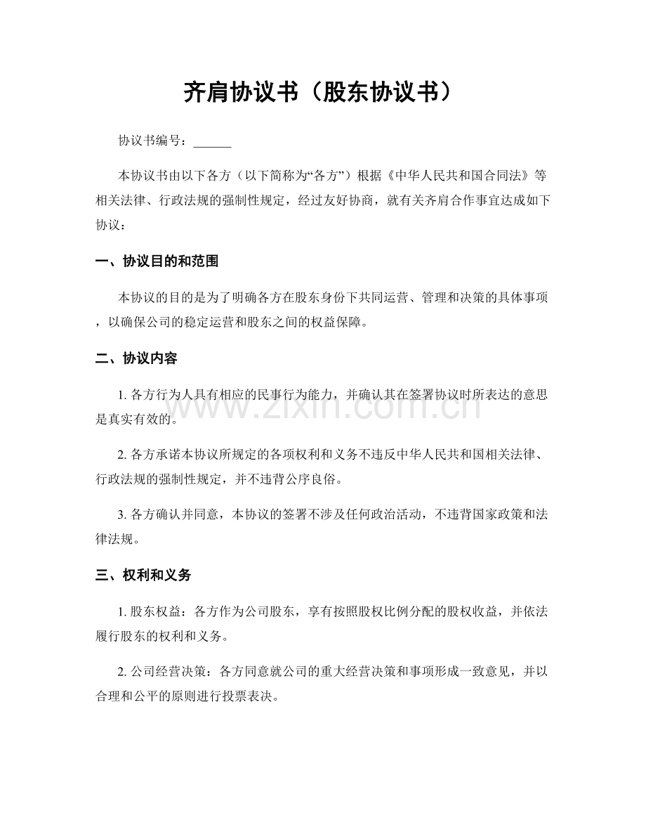 齐肩协议书（股东协议书）.docx_第1页