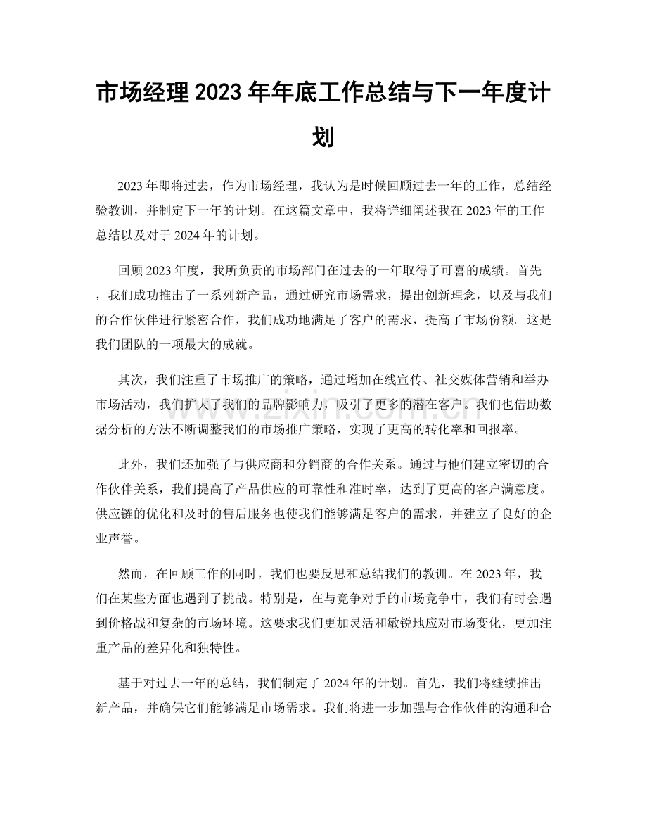 市场经理2023年年底工作总结与下一年度计划.docx_第1页