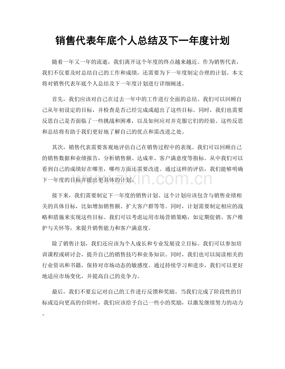 销售代表年底个人总结及下一年度计划.docx_第1页