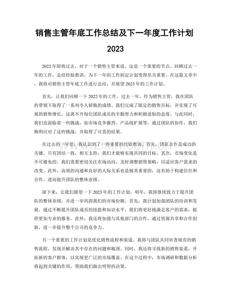 销售主管年底工作总结及下一年度工作计划2023.docx_第1页