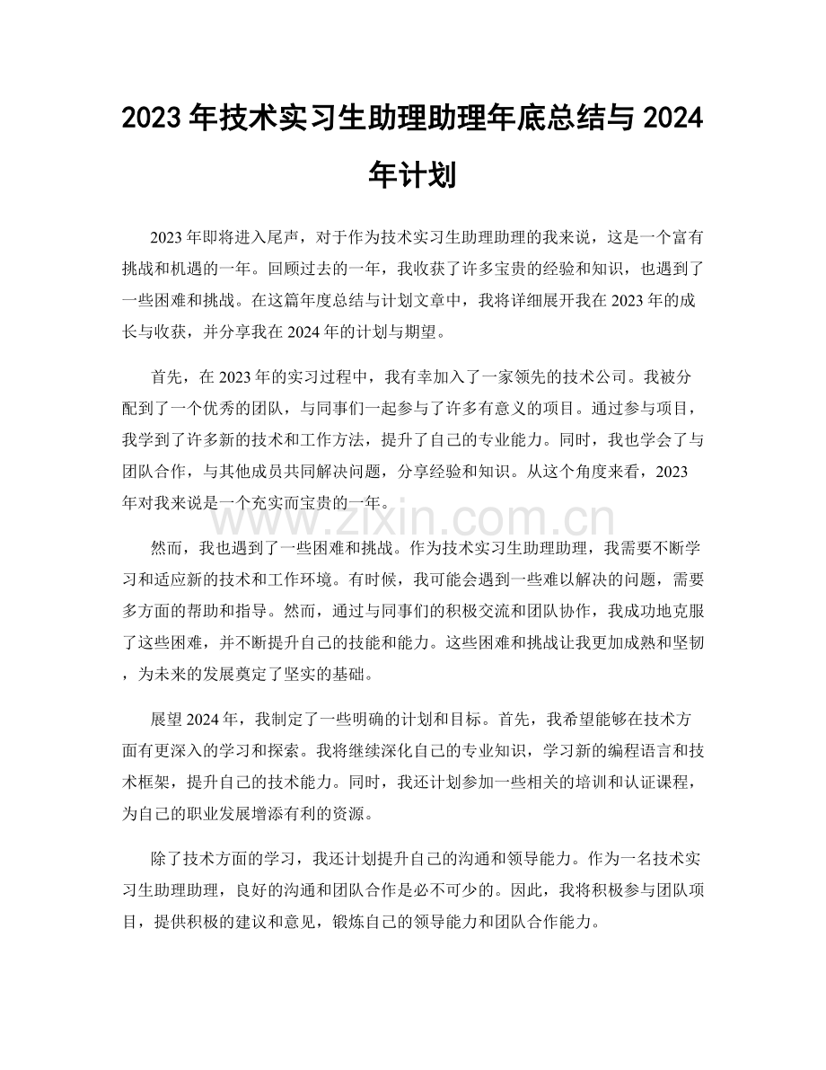 2023年技术实习生助理助理年底总结与2024年计划.docx_第1页