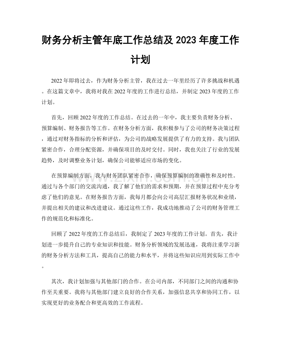 财务分析主管年底工作总结及2023年度工作计划.docx_第1页