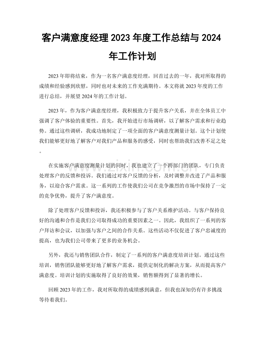 客户满意度经理2023年度工作总结与2024年工作计划.docx_第1页