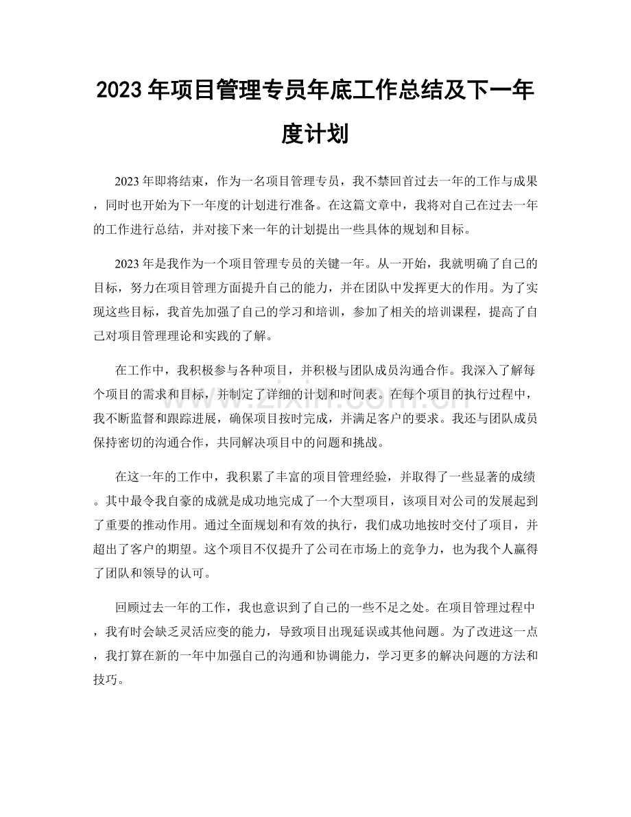 2023年项目管理专员年底工作总结及下一年度计划.docx_第1页