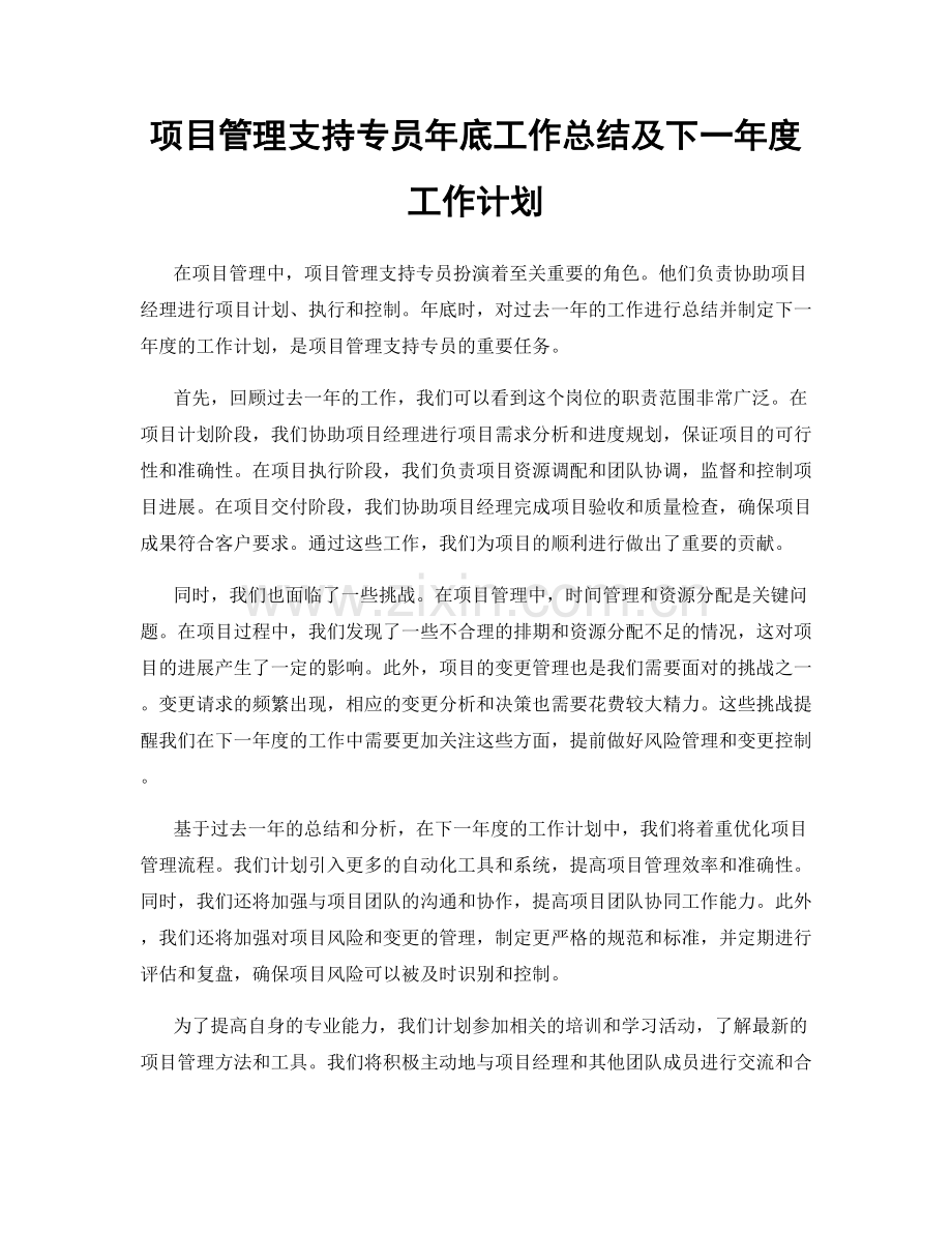 项目管理支持专员年底工作总结及下一年度工作计划.docx_第1页