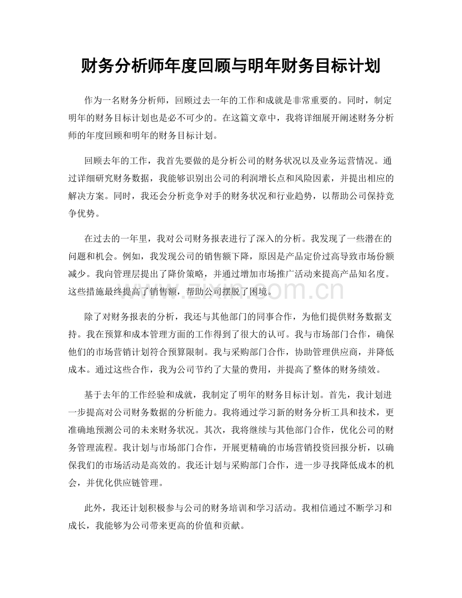 财务分析师年度回顾与明年财务目标计划.docx_第1页