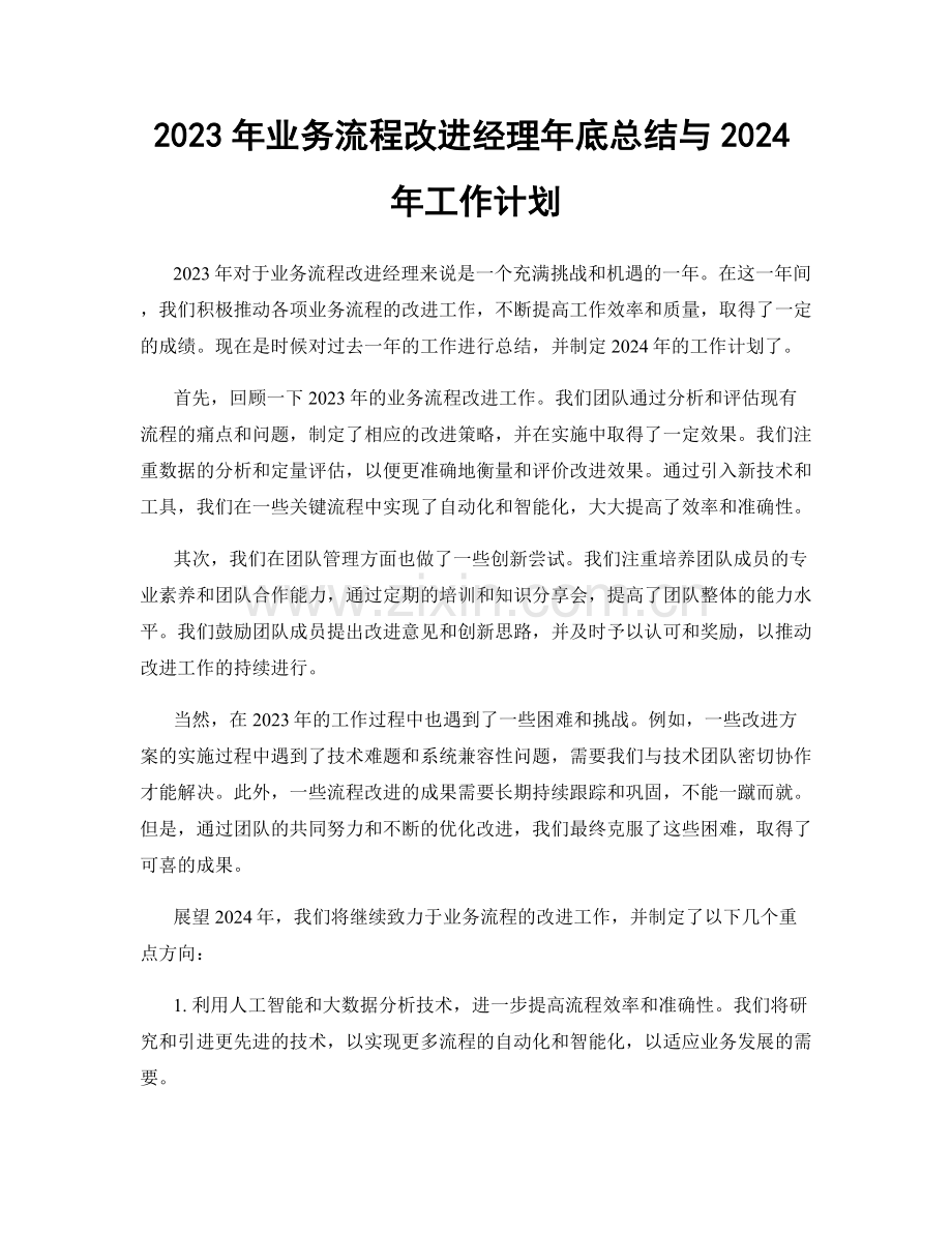 2023年业务流程改进经理年底总结与2024年工作计划.docx_第1页