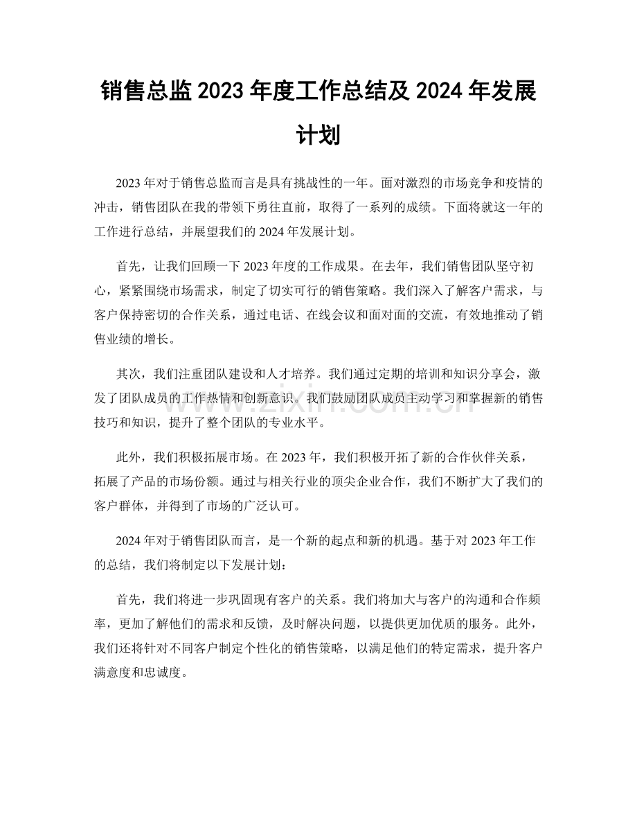 销售总监2023年度工作总结及2024年发展计划.docx_第1页