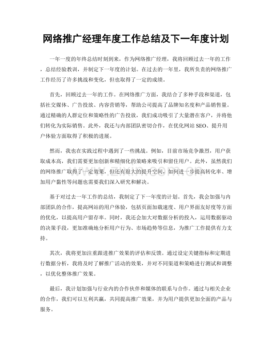 网络推广经理年度工作总结及下一年度计划.docx_第1页