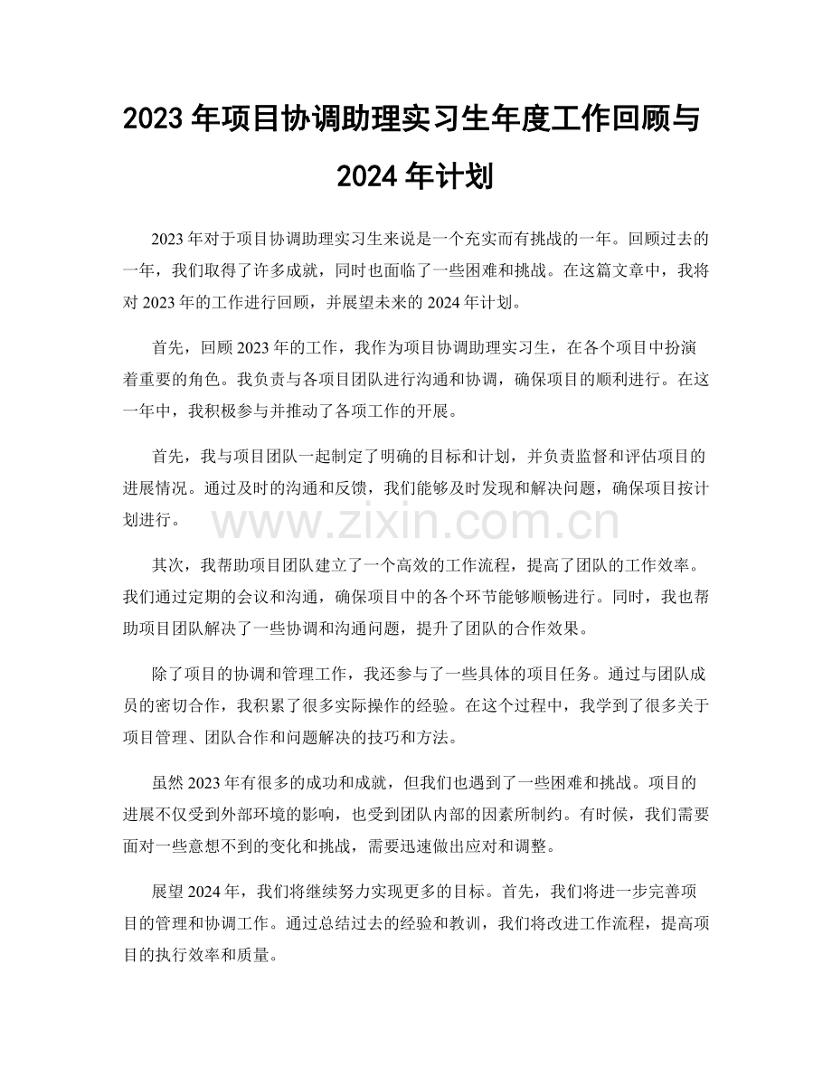 2023年项目协调助理实习生年度工作回顾与2024年计划.docx_第1页