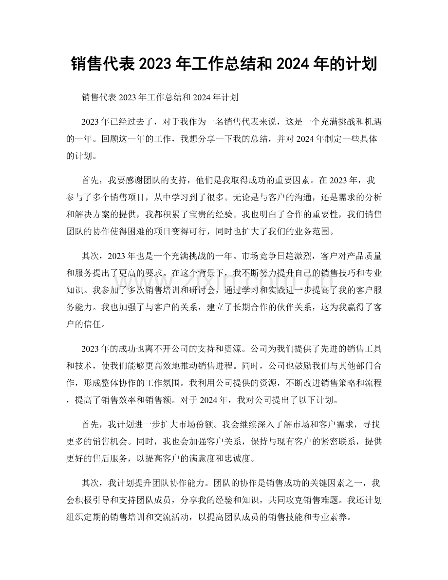 销售代表2023年工作总结和2024年的计划.docx_第1页