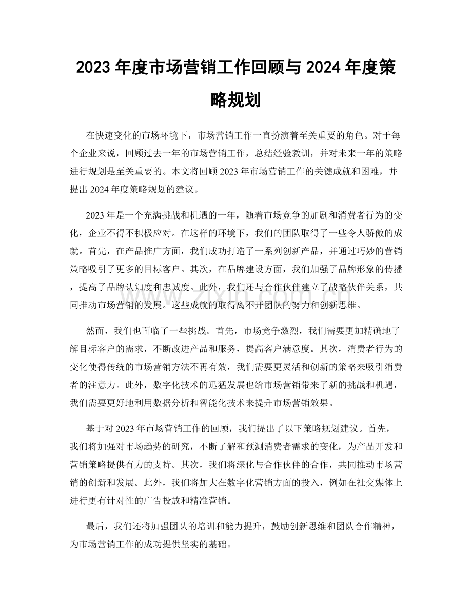 2023年度市场营销工作回顾与2024年度策略规划.docx_第1页