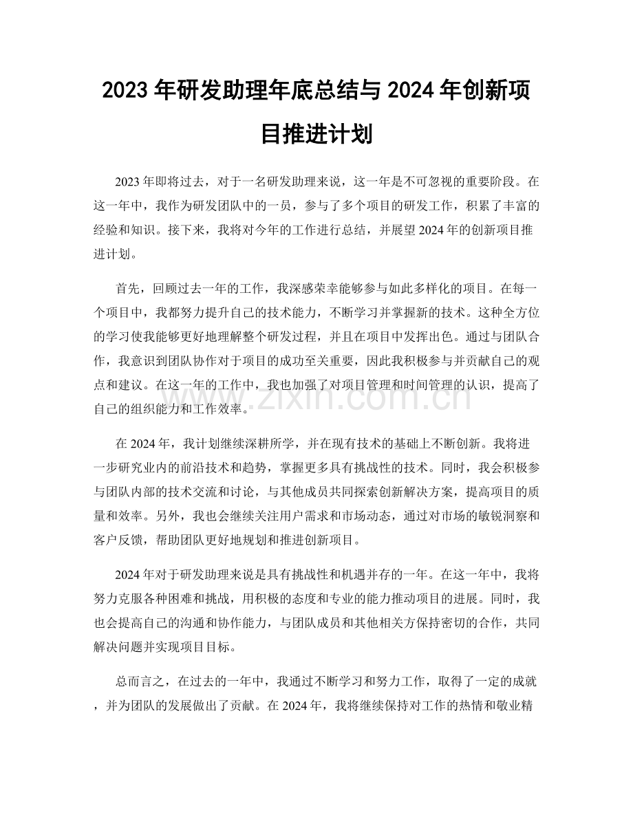 2023年研发助理年底总结与2024年创新项目推进计划.docx_第1页