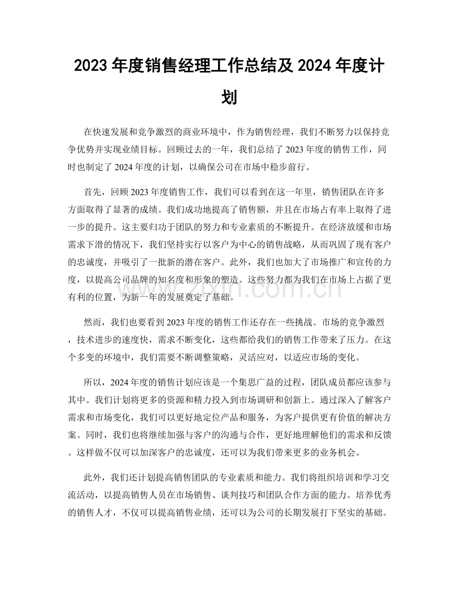 2023年度销售经理工作总结及2024年度计划.docx_第1页