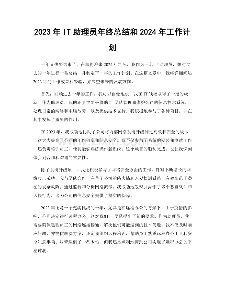 2023年IT助理员年终总结和2024年工作计划.docx_第1页