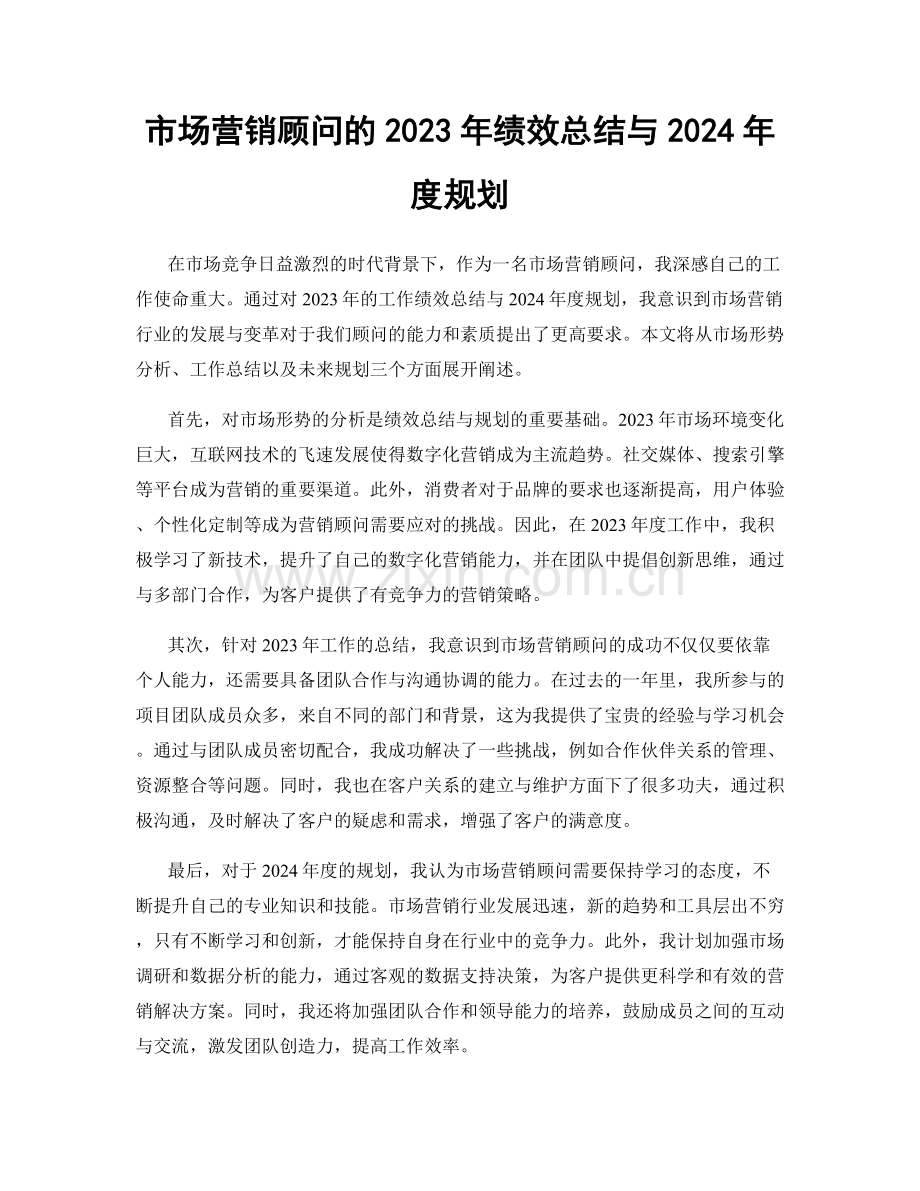 市场营销顾问的2023年绩效总结与2024年度规划.docx_第1页