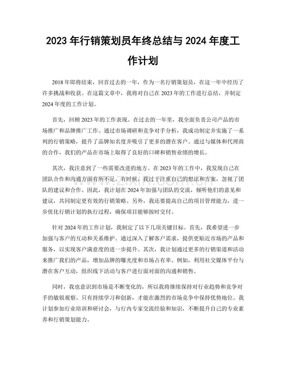 2023年行销策划员年终总结与2024年度工作计划.docx_第1页