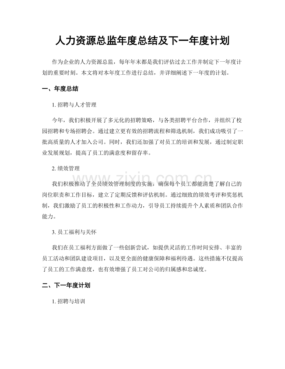 人力资源总监年度总结及下一年度计划.docx_第1页