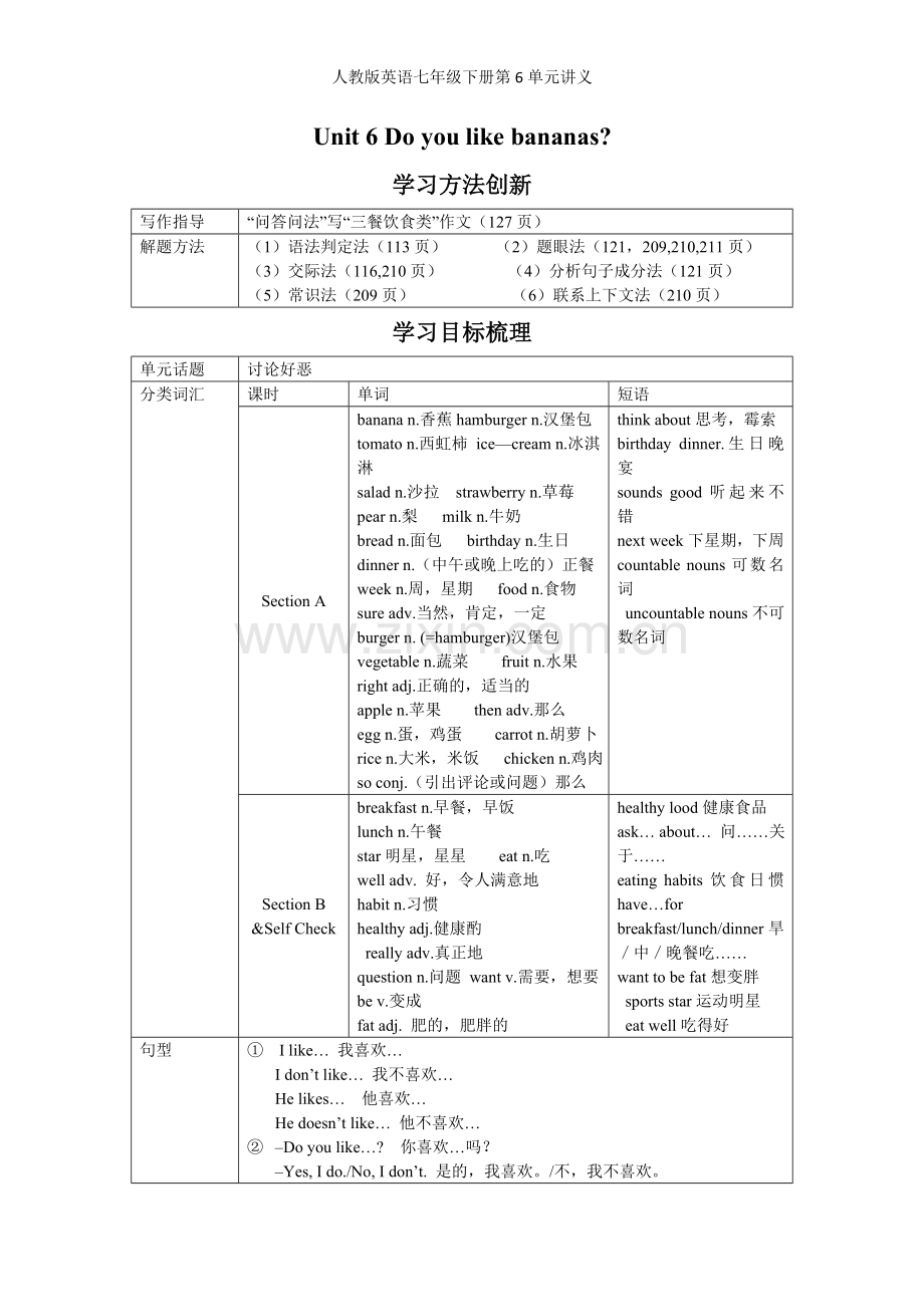 人教版英语七年级下册第6单元讲义.doc_第1页