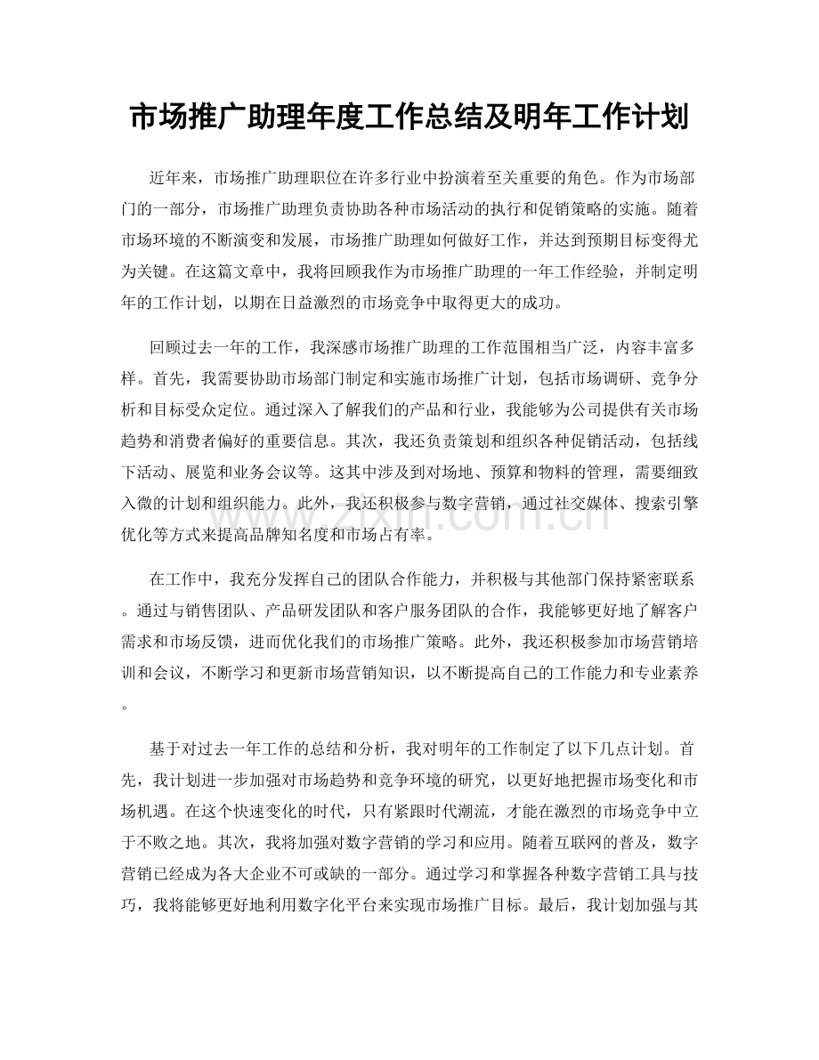 市场推广助理年度工作总结及明年工作计划.docx_第1页