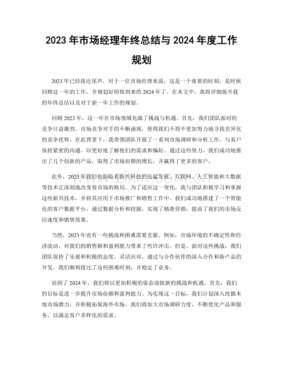 2023年市场经理年终总结与2024年度工作规划.docx_第1页