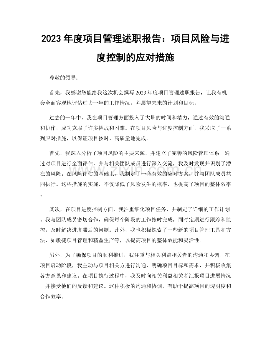 2023年度项目管理述职报告：项目风险与进度控制的应对措施.docx_第1页