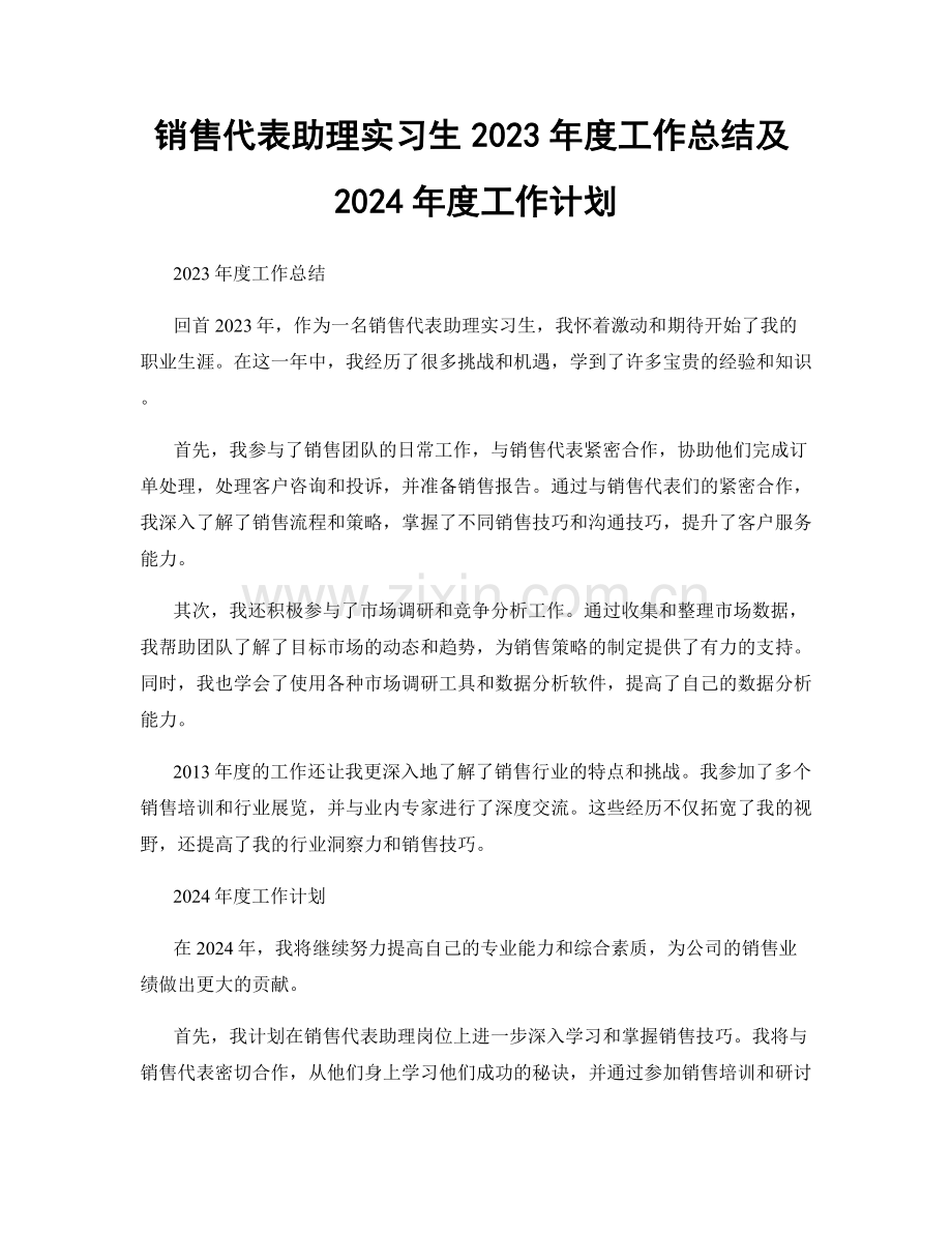 销售代表助理实习生2023年度工作总结及2024年度工作计划.docx_第1页