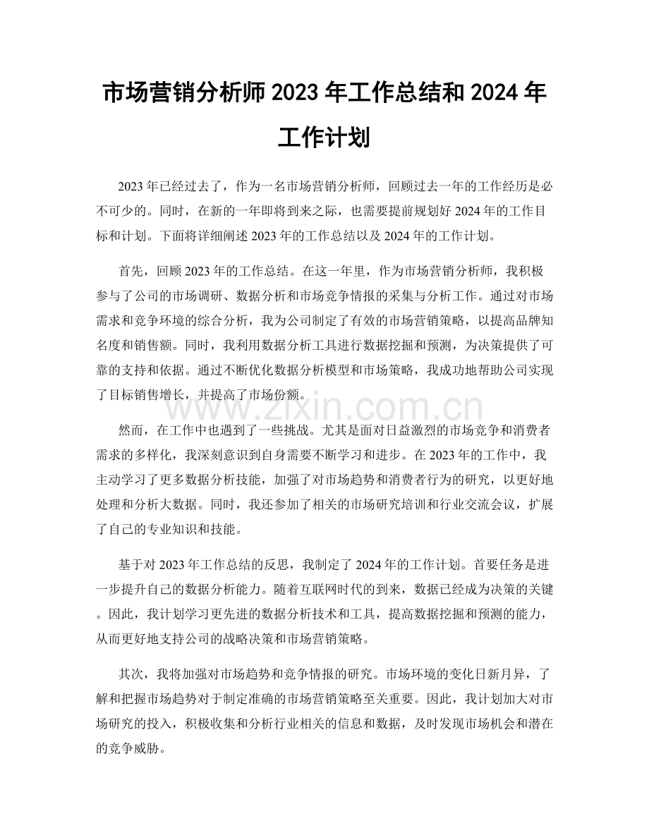 市场营销分析师2023年工作总结和2024年工作计划.docx_第1页