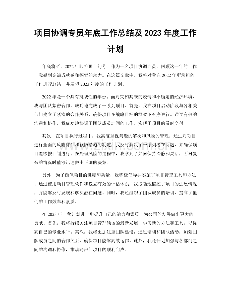 项目协调专员年底工作总结及2023年度工作计划.docx_第1页