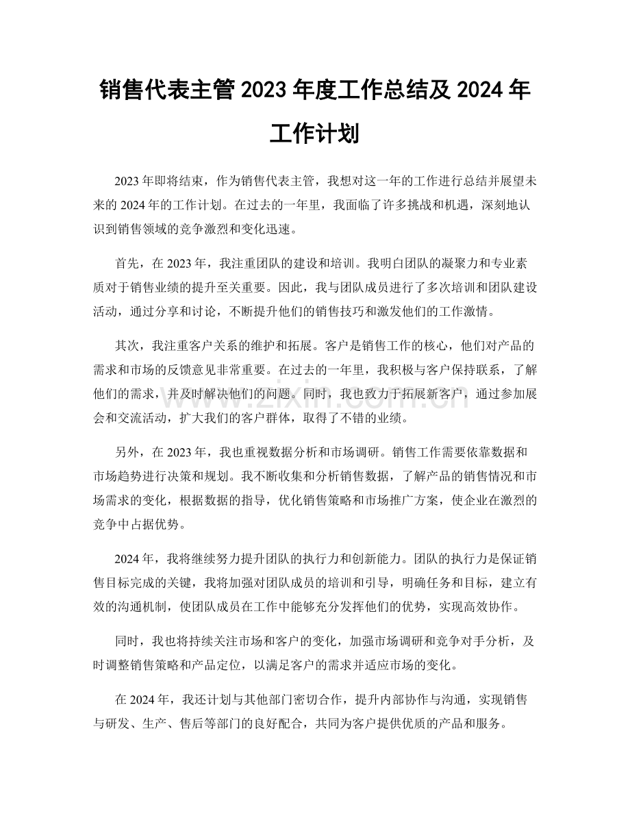 销售代表主管2023年度工作总结及2024年工作计划.docx_第1页