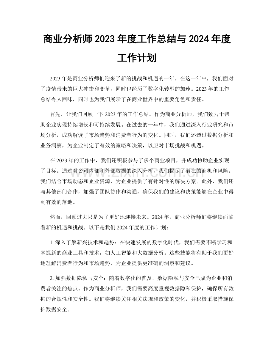 商业分析师2023年度工作总结与2024年度工作计划.docx_第1页